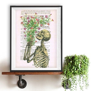 Skeleton Flower Print on 1900 vintage page, Doctor gift, Anatomy Illustration, human anatomy art, science and anatomy drawing