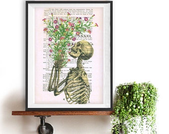 Skeleton Flower Print on 1900 vintage page, Doctor gift, Anatomy Illustration, human anatomy art, science and anatomy drawing