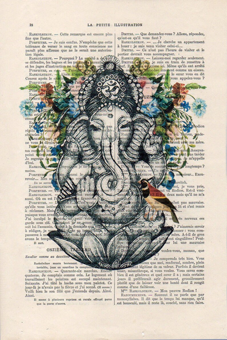 Retro Ganesha Bird Botanical Flowers Yoga poster Meditating Buddha Zen Wall Art Vintage Book Dictionary Art Print Artwork Poster Print image 2