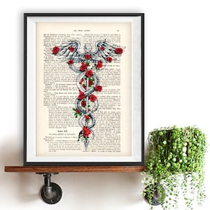 Symbole du caducée, art médical, médecine, affiche du bâton d&#39;Asclépios, art du bureau du médecin, impression d&#39;art Doctor Symbol, Dr. Symbol