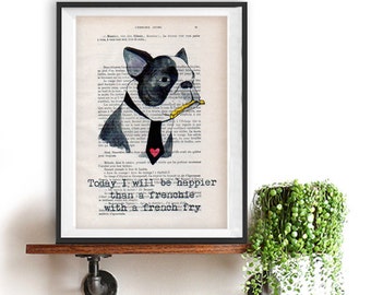 Frenchie Boston Terrier watercolor painting French Bulldog art dog happy funny illustration poster Bonjour typography recycled book print