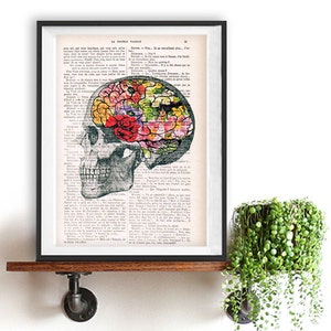 Art Print Flowery Brain collage Printed on Vintage Dictionary Book page. Wall decor art, Anatomy decor, Flower print art