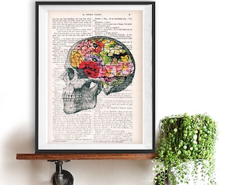 Art Print Flowery Brain collage Printed on Vintage Dictionary Book page. Wall decor art, Anatomy decor, Flower print art