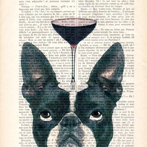 Boston Terrier Print, Bulldog with wine glass, French design, black and white,bulldog poster Art Print on recycled french book page image 2