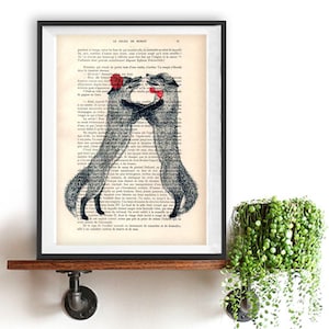 Dancing Tango Fox Illustration, recycled book print, love print, dictionary print, fox art, vintage wall art, decoration, anniversary gift
