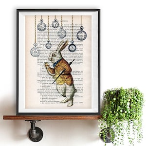 Impresión artística de Alicia en el País de las Maravillas, conejo, reloj antiguo, pintura, póster, página de libro vintage, decoración de pared infantil caprichosa, diversión para niños, Navidad