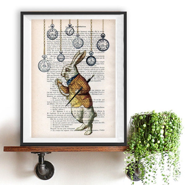 Alice Wonderland Rabbit Druck Kunst alte Uhr Malerei Poster Vintage Buchseite skurrile Kinderzimmer Wanddekoration Kinder Kind Spaß Weihnachten