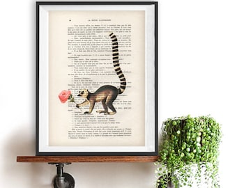 Retro Lemur print, Rose art, Animal  Artwork, Monkey Print, Gift for Her, Flower Art print, Wall Art, Wall Decor, Home Decor, Dictionary