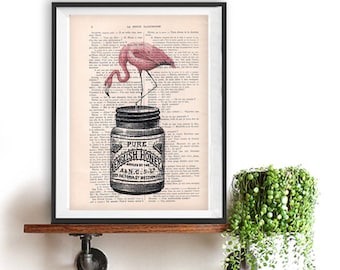 Fantasy Flamingo Honey Print, Bird Artwork,Vintage Honey, Office Art, Wall Art Prints, Wall Decor, Wall Art, Pink Flamingo,Bird Illustration