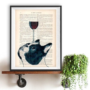 French Bulldog Print, Bulldog with wine glass, French design, black and white,bulldog poster Art Print on recycled french book page image 1