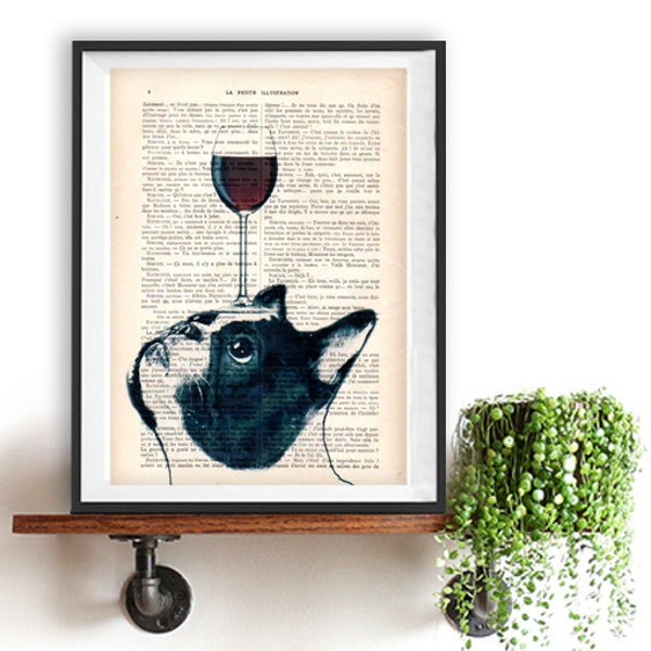 French Bulldog Print, Bulldog with wine glass, French design, black and white,bulldog poster Art Print on recycled french book page