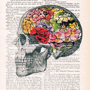 Art Print Flowery Brain collage Printed on Vintage Dictionary Book page. Wall decor art, Anatomy decor, Flower print art image 2