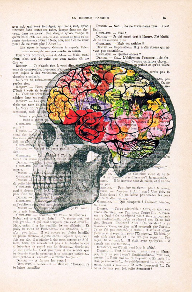 Art Print Flowery Brain collage Printed on Vintage Dictionary Book page. Wall decor art, Anatomy decor, Flower print art image 2