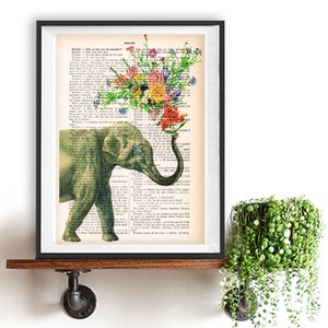 Art Print Elephant blowing Flowers, Elephant print, Flower Art, Elephant in love,  Printed over vintage French book page, Paris print
