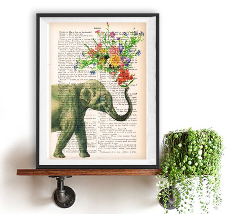 Art Print Elephant blowing Flowers, Elephant print, Flower Art, Elephant in love, Printed over vintage French book page, Paris print image 1