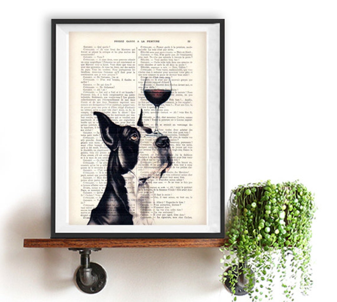 Great Dane Print Great Dane With Wine Glass Black and White 