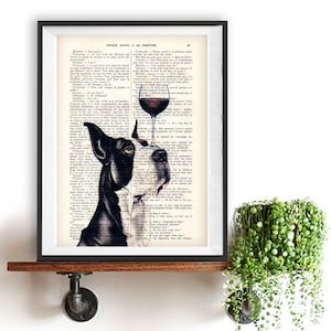Great dane Print, great dane with wine glass, black and white, great dane hound, Art Print on recycled french book page imagem 1