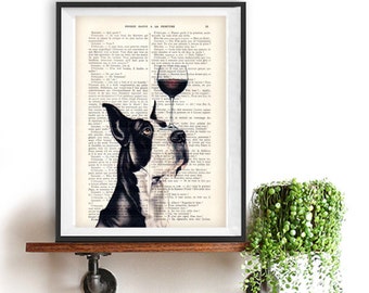 Great dane Print, great dane with wine glass, black and white, great dane hound, Art Print on recycled french book page
