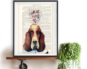 Basset Hound print, stacking teacups, Hush puppy art, Dog Artwork, Basset Hound Art Print, Gift for Him, Red, Office Wall Art, Wall Decor