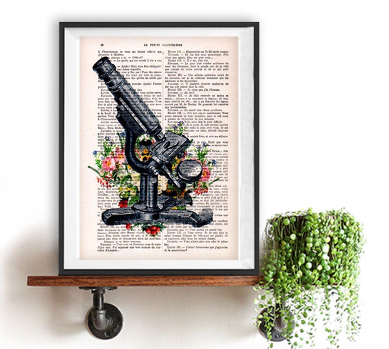 Antique microscope print,cimestry, laboratory, vintage science, flower print, wall art, vintage print on recycled paper, retro art image 1