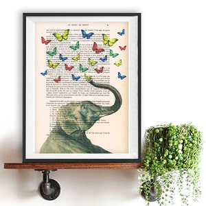 Elephant Illustration with butterflies, recycled book print, love print, dictionary print, elephant art, vintage wall art decoration