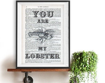 Love quote art illustration print vintage You are my lobster typography typographic poster love gift dictionary ocean shabby chic wall decor