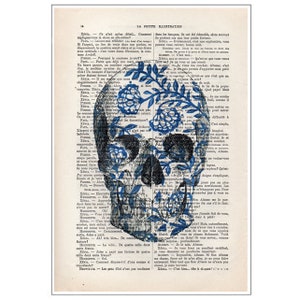 Skull Blue White Anatomy, Vintage Head Print, drawing, wall art, dark graphic art, day of the death, vintage pop art, poster, Christmas gift image 2