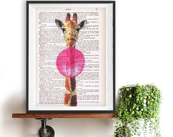 Giraffe wth Bubblegum print, Funny poster, Dictionary Print poster, Happy Giraffe Gift poster, Kids room print, Home Wall decor