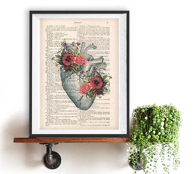Heart peony Anatomy Botanical Flower vintage drawing book art gothic vintage art print wall art poster decor Halloween gift for him, gothic