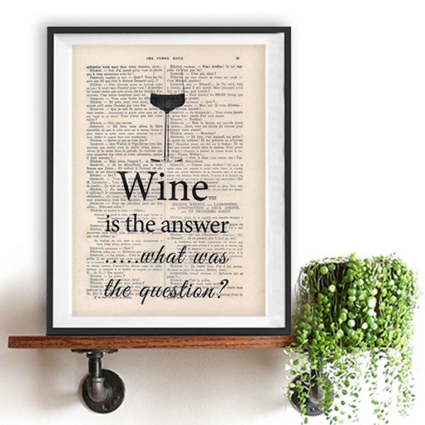 Wine is the answer what is the question print Typography Posters Wine Glass Living Room Kitchen Home decor vintage book page Gift For Him