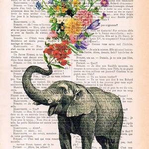 Elephant with Flowers Love book print Elephant in love Printed over vintage dictionary book page, Elephant art print image 2