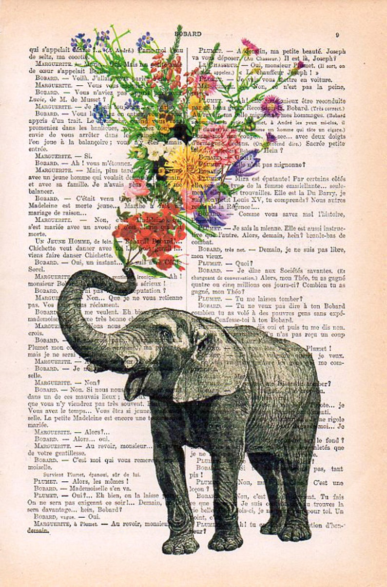 Elephant with Flowers Love book print Elephant in love Printed over vintage dictionary book page, Elephant art print image 2
