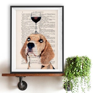 Beagle Print, beagle artwork, French design, black and white, beagle poster Art Print on recycled french book page image 1