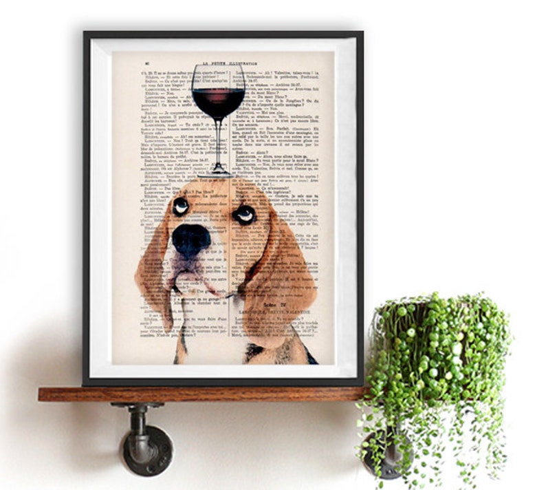 Beagle Print, beagle artwork, French design, black and white, beagle poster Art Print on recycled french book page image 1
