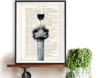 Retro Ostrich Print, ostrich with wine glass, French design, Ostrich art, ostrich poster Art Print on recycled french book page