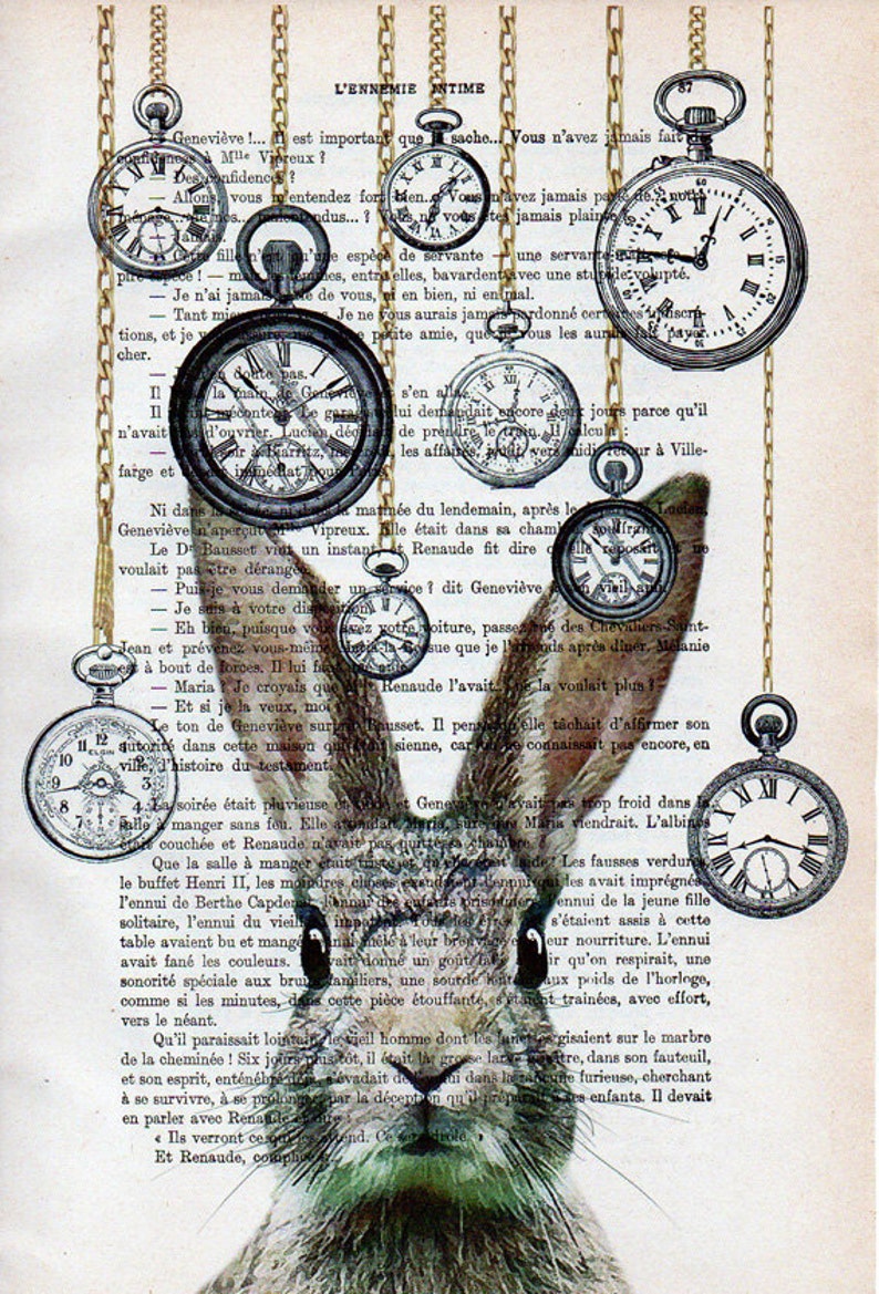 White Rabbit, Alice in Wonderland, Clock Rabbit Print, Rabbit Art ,Bunny Print, Rabbit Art Print,Woodland Rabbit , Nursery Decor,Wall Art image 2