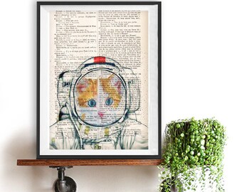 Astronaut Cat Print Poster, Space Cat, Cat space suit ,DICTIONARY Print, Book Pages, Home Decor, DORM decor, Wall Art decor,funny cat print