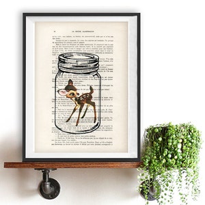 Retro Bambi Deer Art Illustration Print mason jar Art Painting poster book print wall decor wall art wall decor Prints Gift For Her