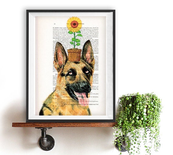 Sheperd Allemand avec Fleurs, Tournesol, Amateurs de Sheperd Allemand, Impression Livre d'amour, Cad