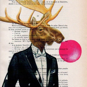 Black Moose Art Print Antique Book Page Original Moose Mixed Media