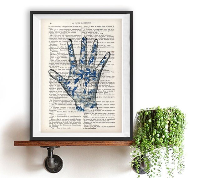 Blue White Hand Anatomy, Palm Porcelain Print, vintage drawing, wall art, book, day of the death, vintage pop art, poster, Christmas gift