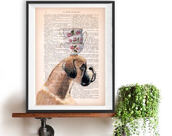 Fantasy Boxer print, Boxer art, stacking teacups, Dog Artwork, Boxer Art Print, Gift for Him, Red, Office Wall Art, Wall Decor, Home Decor