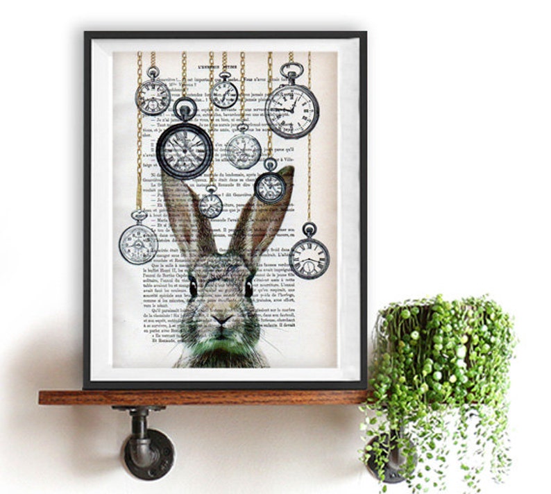 White Rabbit, Alice in Wonderland, Clock Rabbit Print, Rabbit Art ,Bunny Print, Rabbit Art Print,Woodland Rabbit , Nursery Decor,Wall Art image 1