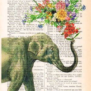 Art Print Elephant blowing Flowers, Elephant print, Flower Art, Elephant in love, Printed over vintage French book page, Paris print image 2