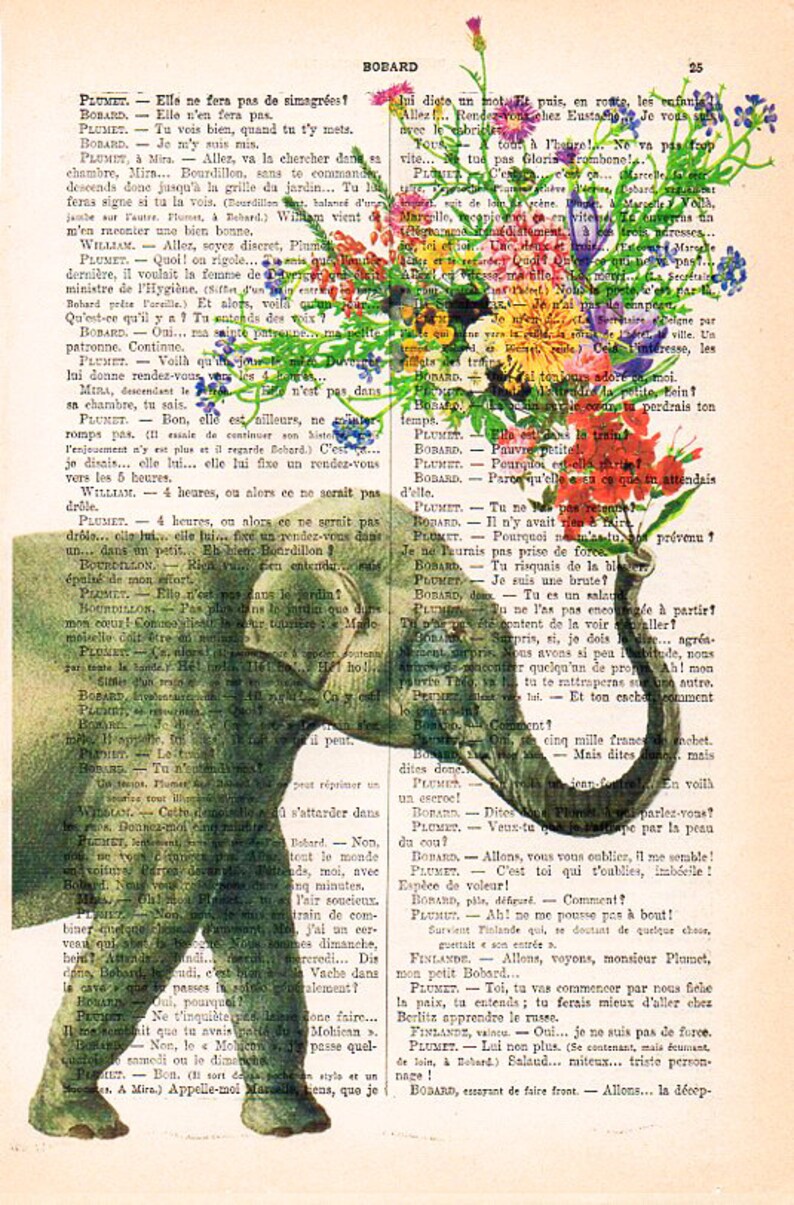 Art Print Elephant blowing Flowers, Elephant print, Flower Art, Elephant in love, Printed over vintage French book page, Paris print image 2