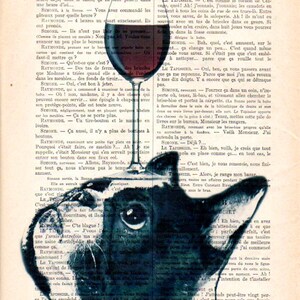 French Bulldog Print, Bulldog with wine glass, French design, black and white,bulldog poster Art Print on recycled french book page image 2