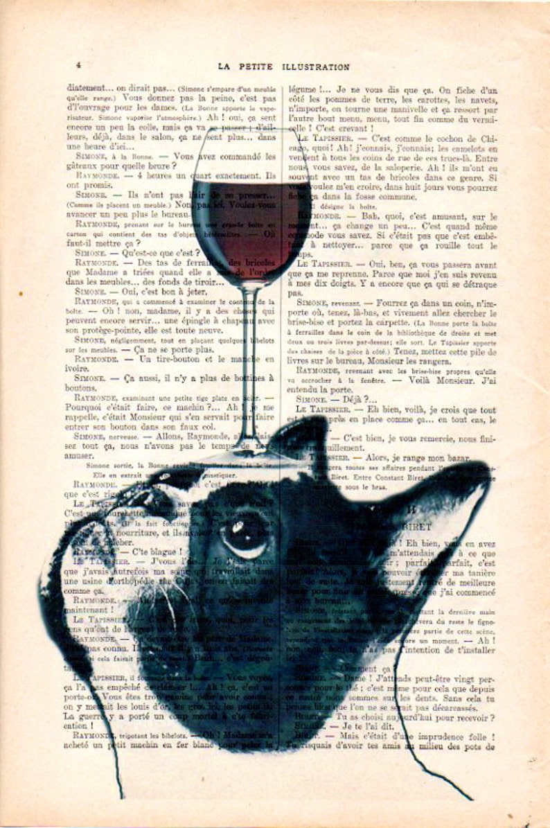 French Bulldog Print, Bulldog with wine glass, French design, black and white,bulldog poster Art Print on recycled french book page image 2