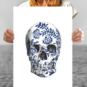 Skull Blue White Anatomy, Vintage Head Print, drawing, wall art, dark graphic art, day of the death, vintage pop art, poster, Christmas gift image 5