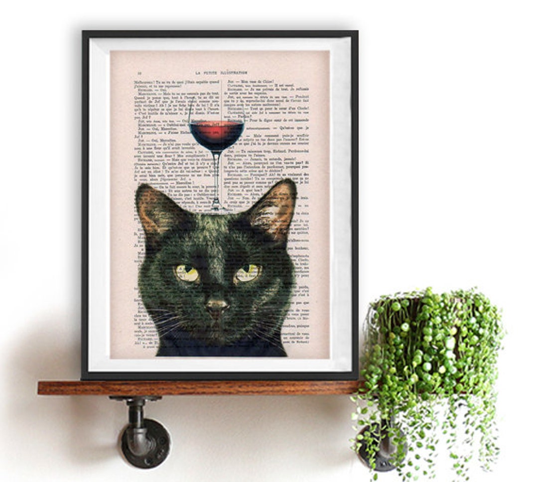 Black Cat Print, Cat With Wine Glass, French Design, Black and White ...
