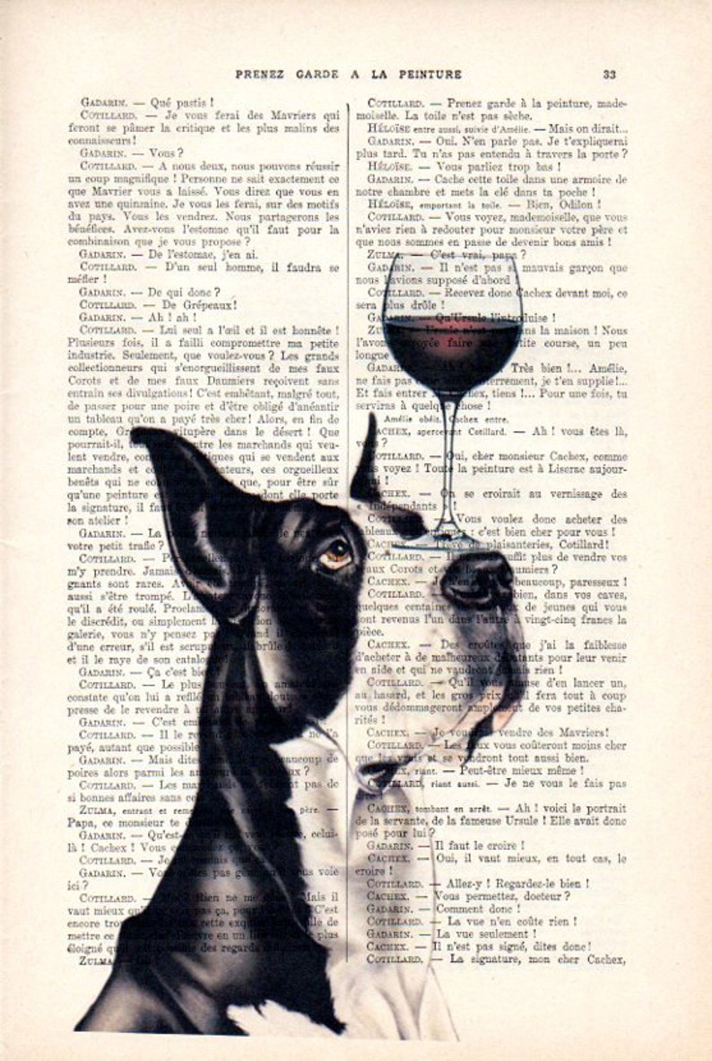 Great dane Print, great dane with wine glass, black and white, great dane hound, Art Print on recycled french book page imagem 2